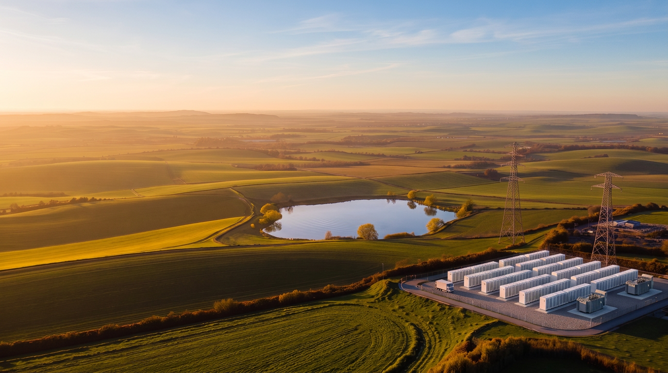 Aerial view of countryside with a battery storage facility